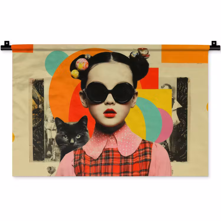 Meisje - Zonnebril - Kat - Retro Wandkleed katoen klein -zz3d
