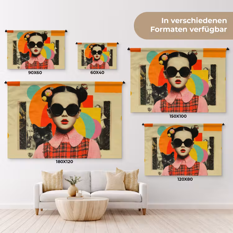 Meisje - Zonnebril - Kat - Retro Wandkleed katoen klein -tsfeer8_DE