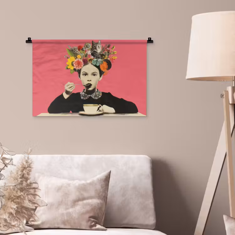 Meisje - Kopje - Bloemen - Roze Wandkleed katoen klein -sfeer4