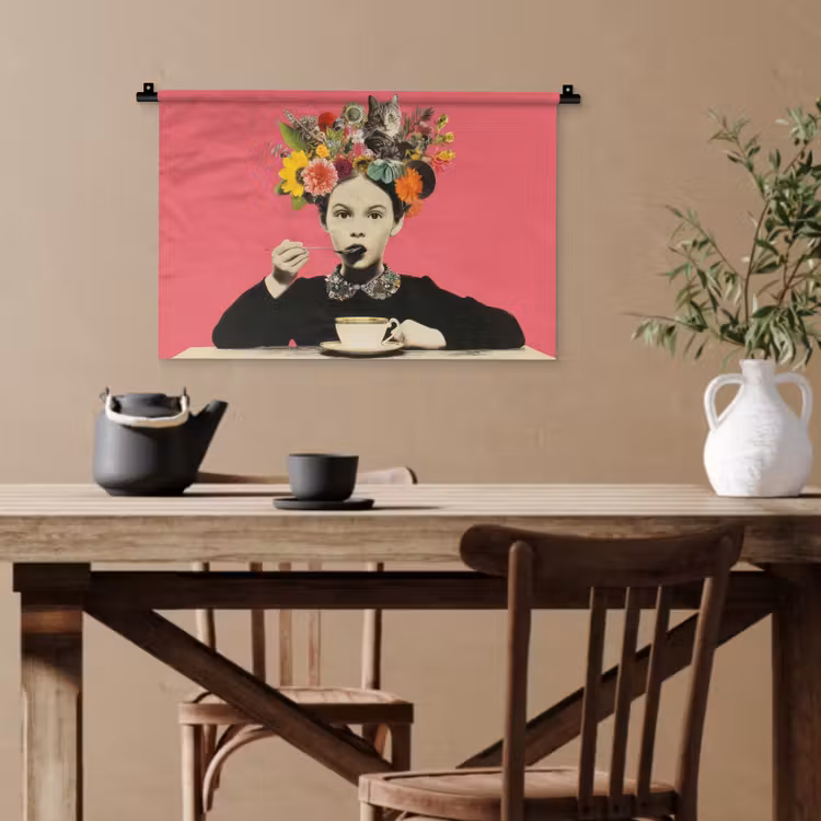 Meisje - Kopje - Bloemen - Roze Wandkleed katoen klein -sfeer6