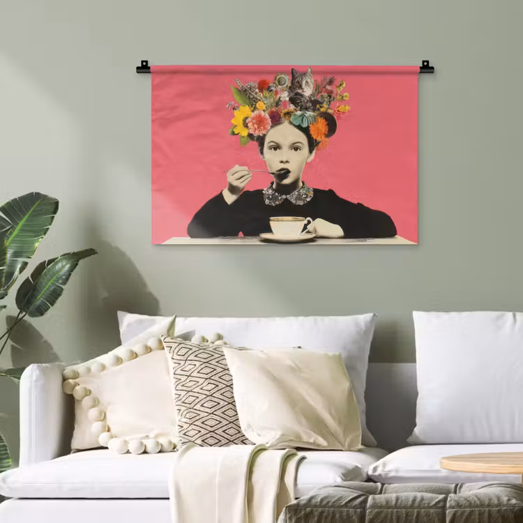 Meisje - Kopje - Bloemen - Roze Wandkleed katoen klein -sfeer7