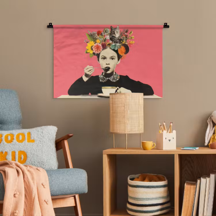 Meisje - Kopje - Bloemen - Roze Wandkleed katoen klein -wsfeer4_kind