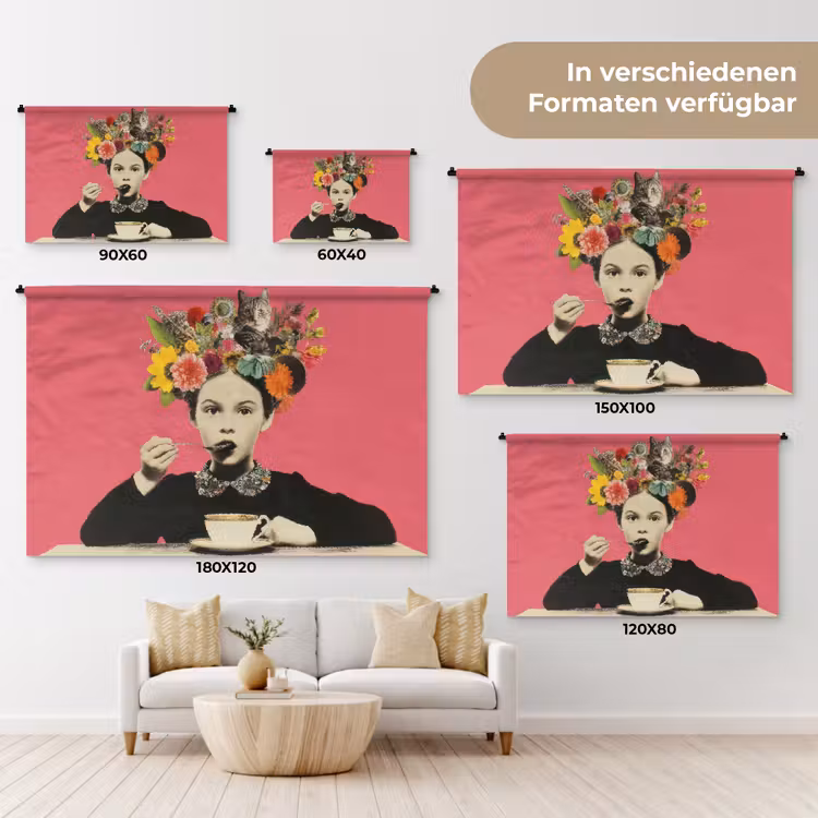Meisje - Kopje - Bloemen - Roze Wandkleed katoen klein -tsfeer8_DE