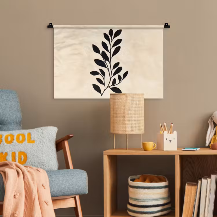 Minimalistisch - Tak - Bladeren - Zwart Wandkleed katoen klein -wsfeer4_kind