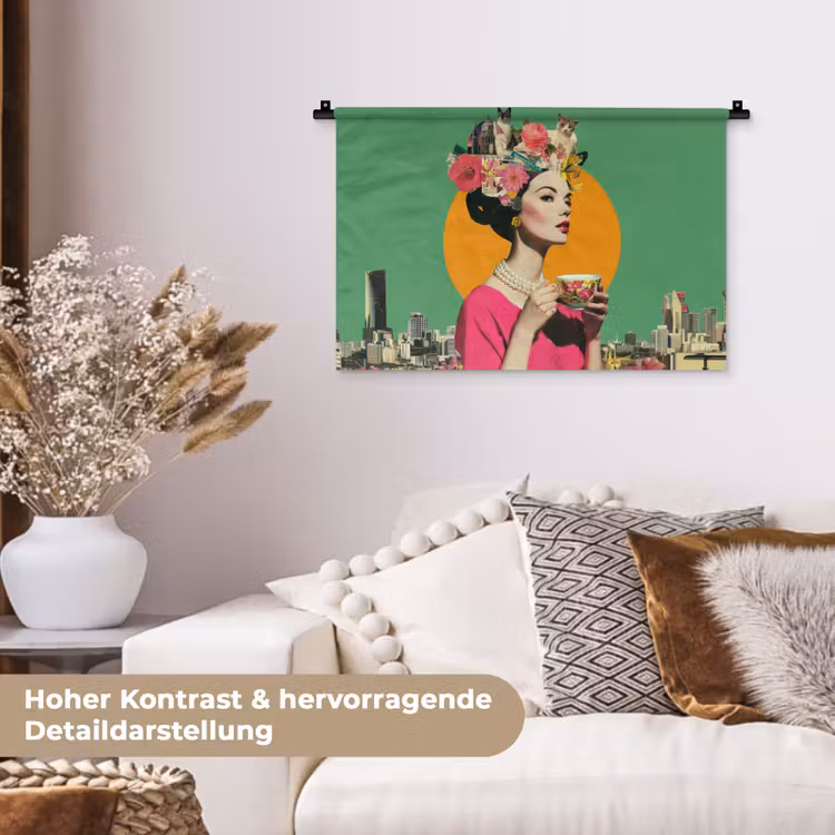 Retro - Vrouw - Stad - Zon Wandkleed katoen klein -tsfeer1_DE