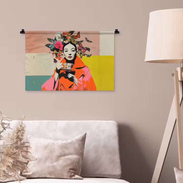 Retro - Vrouw - Kopje - Vlinders Wandkleed katoen klein -sfeer4