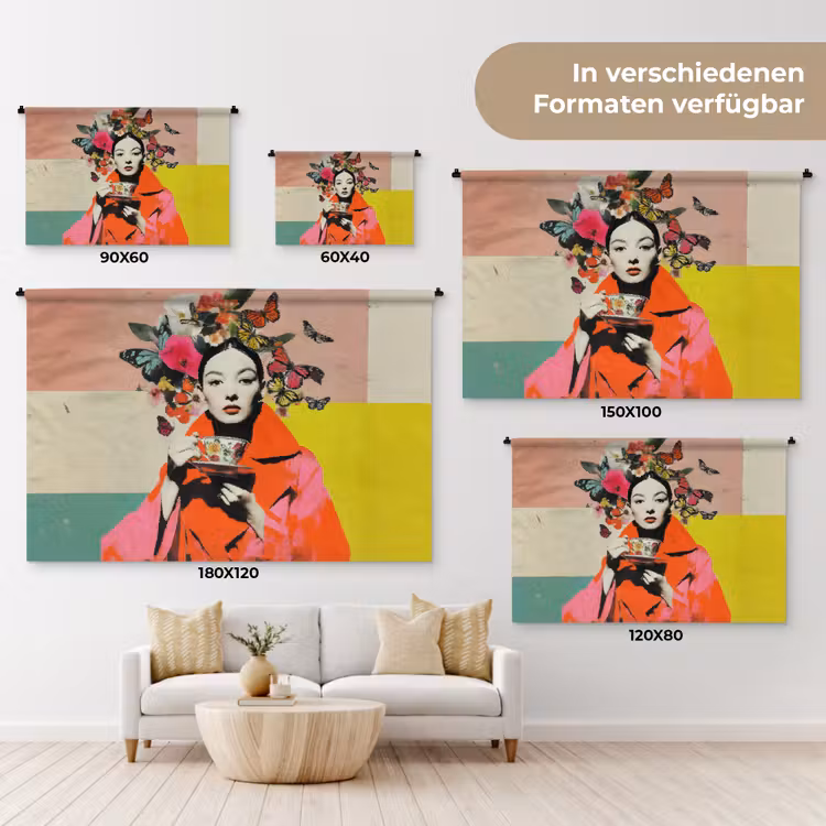 Retro - Vrouw - Kopje - Vlinders Wandkleed katoen klein -tsfeer8_DE