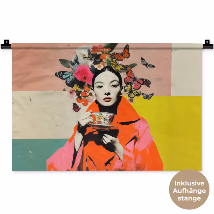 Retro - Vrouw - Kopje - Vlinders Wandkleed katoen klein -t3d_DE