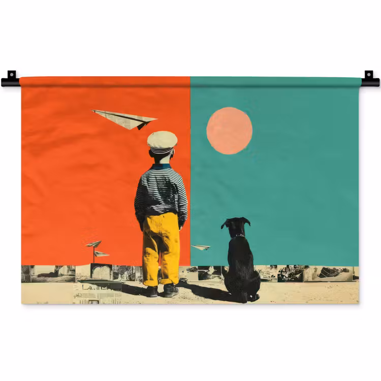 Retro - Jongen - Hond - Rood - Groen Wandkleed katoen klein -zz3d