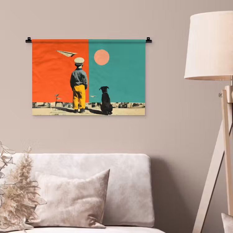 Retro - Jongen - Hond - Rood - Groen Wandkleed katoen klein -sfeer4