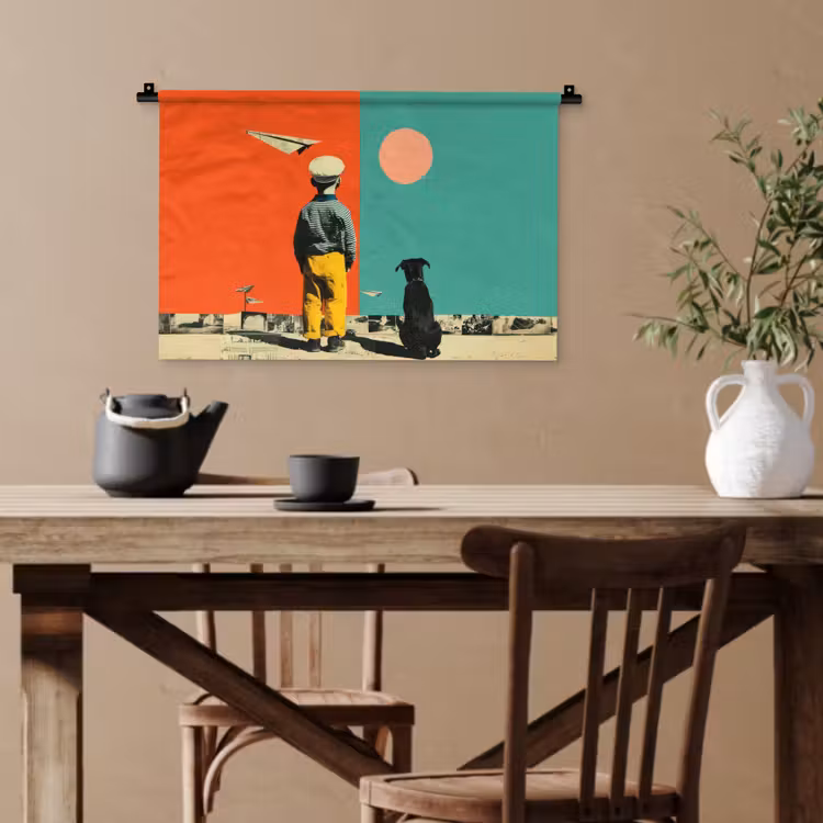 Retro - Jongen - Hond - Rood - Groen Wandkleed katoen klein -sfeer6
