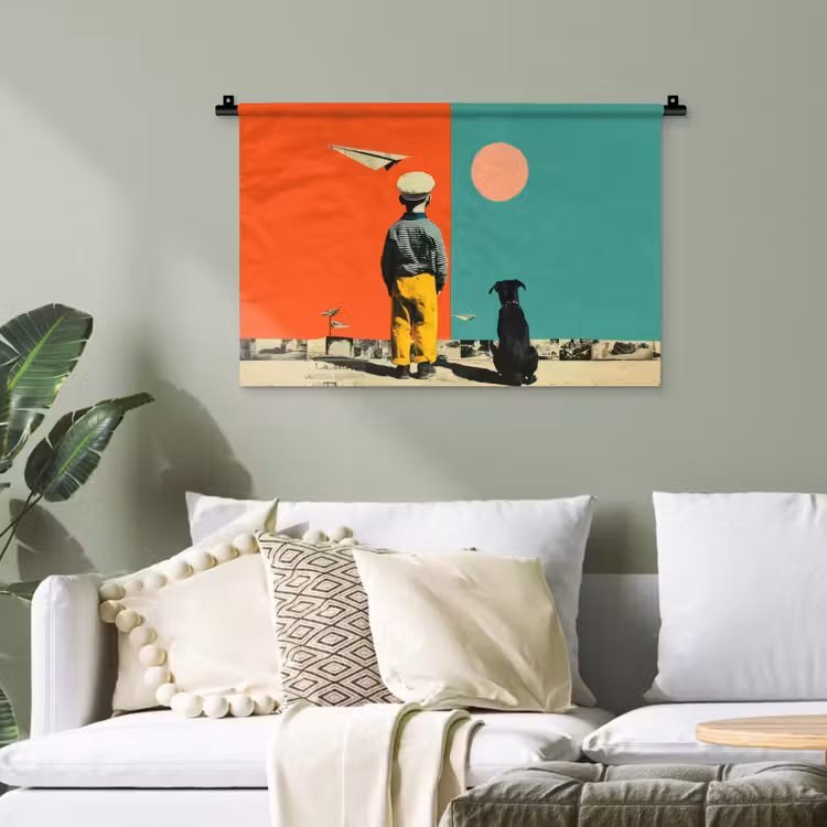 Retro - Jongen - Hond - Rood - Groen Wandkleed katoen klein -sfeer7