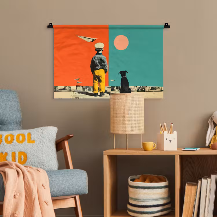 Retro - Jongen - Hond - Rood - Groen Wandkleed katoen klein -wsfeer4_kind