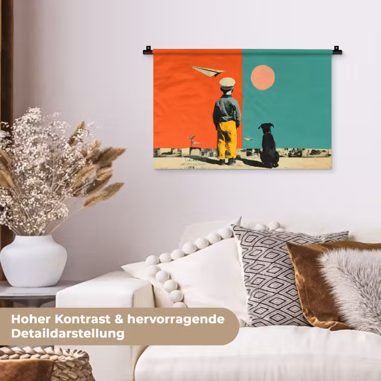 Retro - Jongen - Hond - Rood - Groen Wandkleed katoen klein -tsfeer1_DE