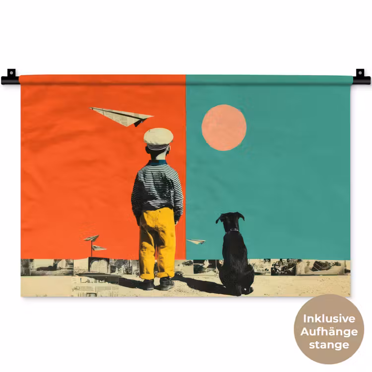 Retro - Jongen - Hond - Rood - Groen Wandkleed katoen klein -t3d_DE