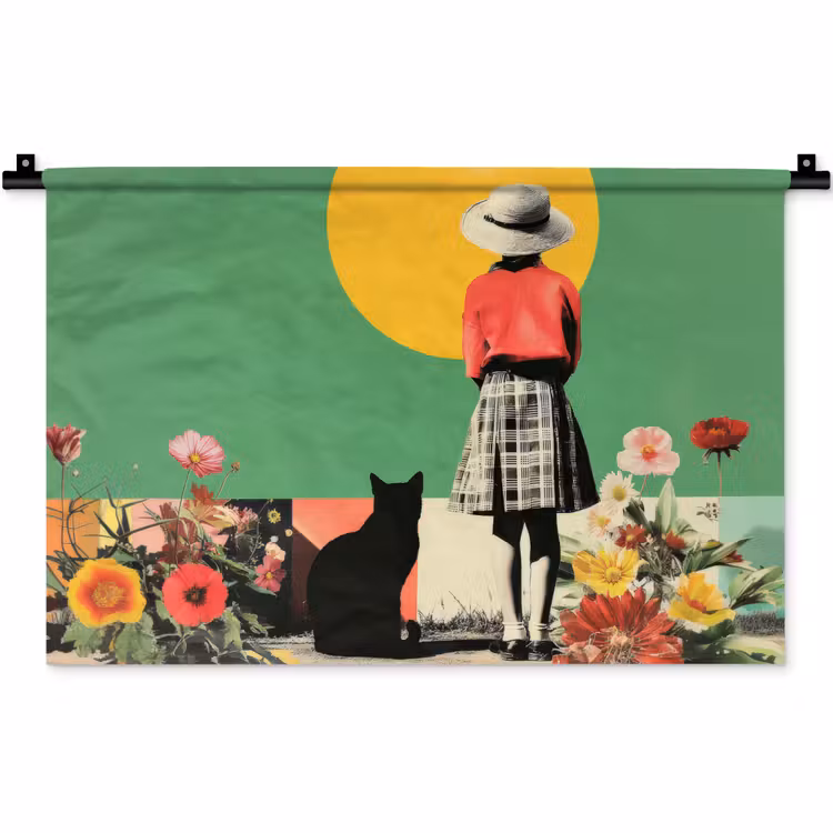 Retro - Meisje - Kat - Zon Wandkleed katoen klein -zz3d