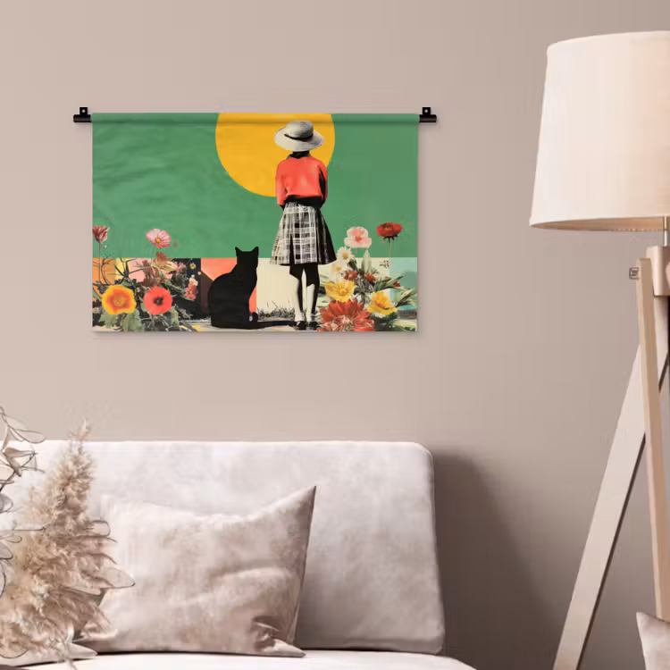 Retro - Meisje - Kat - Zon Wandkleed katoen klein -sfeer4