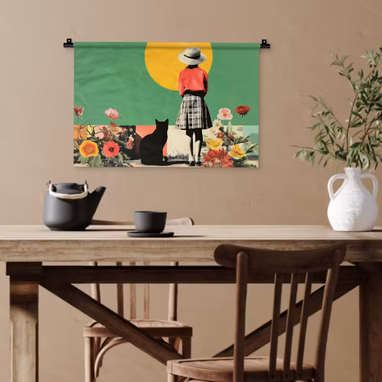 Retro - Meisje - Kat - Zon Wandkleed katoen klein -sfeer6