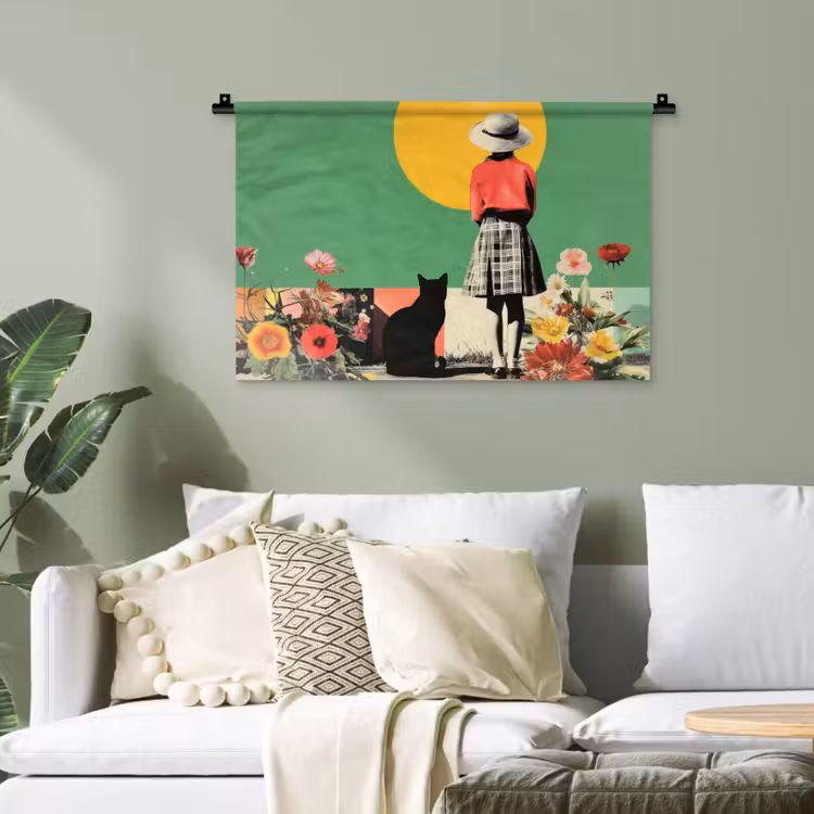 Retro - Meisje - Kat - Zon Wandkleed katoen klein -sfeer7