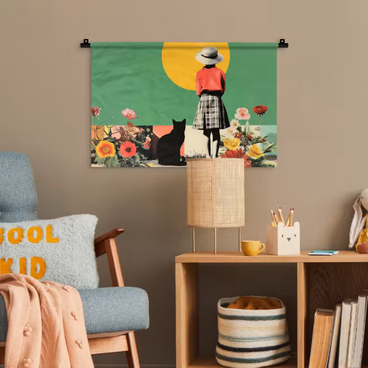 Retro - Meisje - Kat - Zon Wandkleed katoen klein -wsfeer4_kind