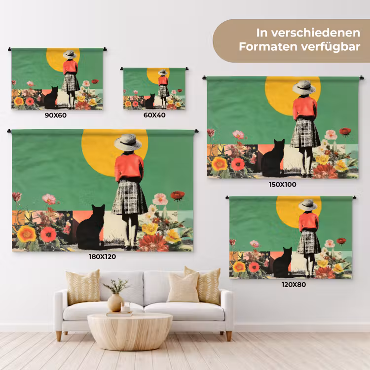 Retro - Meisje - Kat - Zon Wandkleed katoen klein -tsfeer8_DE