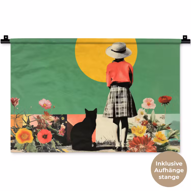 Retro - Meisje - Kat - Zon Wandkleed katoen klein -t3d_DE