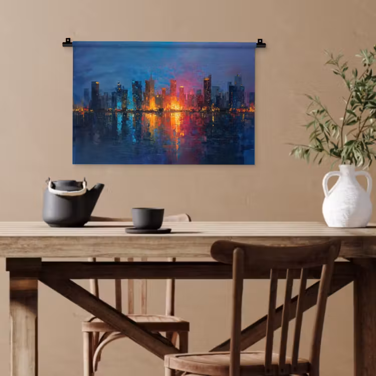 Skyline - Penseelstreken - Donkerblauw - Lichtgevend Wandkleed katoen klein -sfeer6