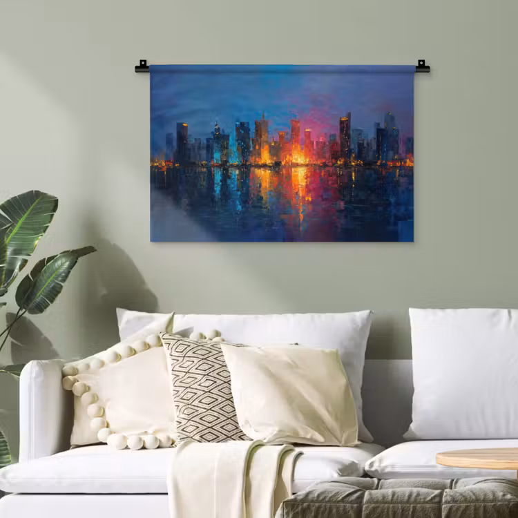Skyline - Penseelstreken - Donkerblauw - Lichtgevend Wandkleed katoen klein -sfeer7
