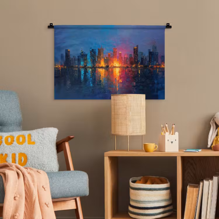 Skyline - Penseelstreken - Donkerblauw - Lichtgevend Wandkleed katoen klein -wsfeer4_kind