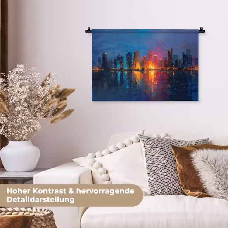 Skyline - Penseelstreken - Donkerblauw - Lichtgevend Wandkleed katoen klein -tsfeer1_DE