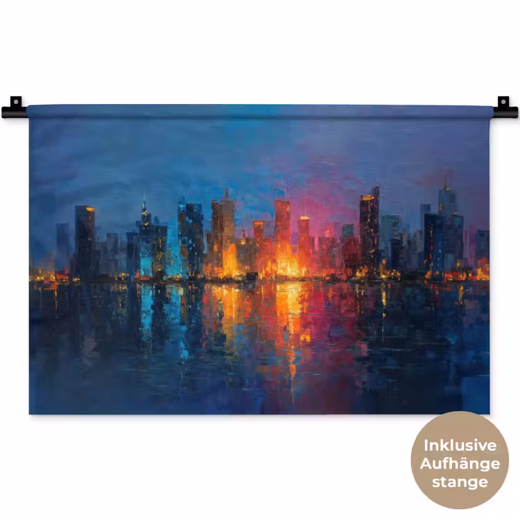Skyline - Penseelstreken - Donkerblauw - Lichtgevend Wandkleed katoen klein -t3d_DE