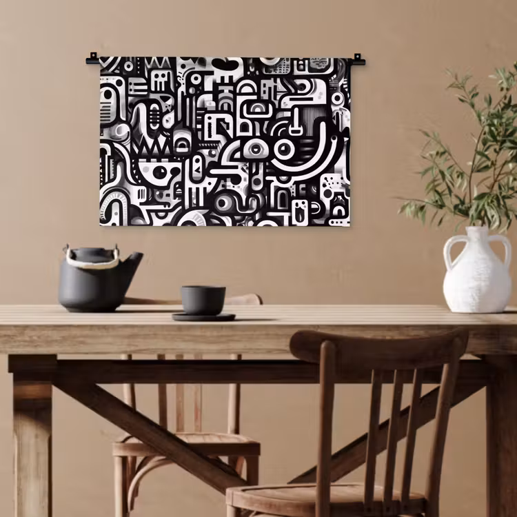 Symbolen - Abstract - Grafisch - Zwart Wandkleed katoen klein -sfeer6