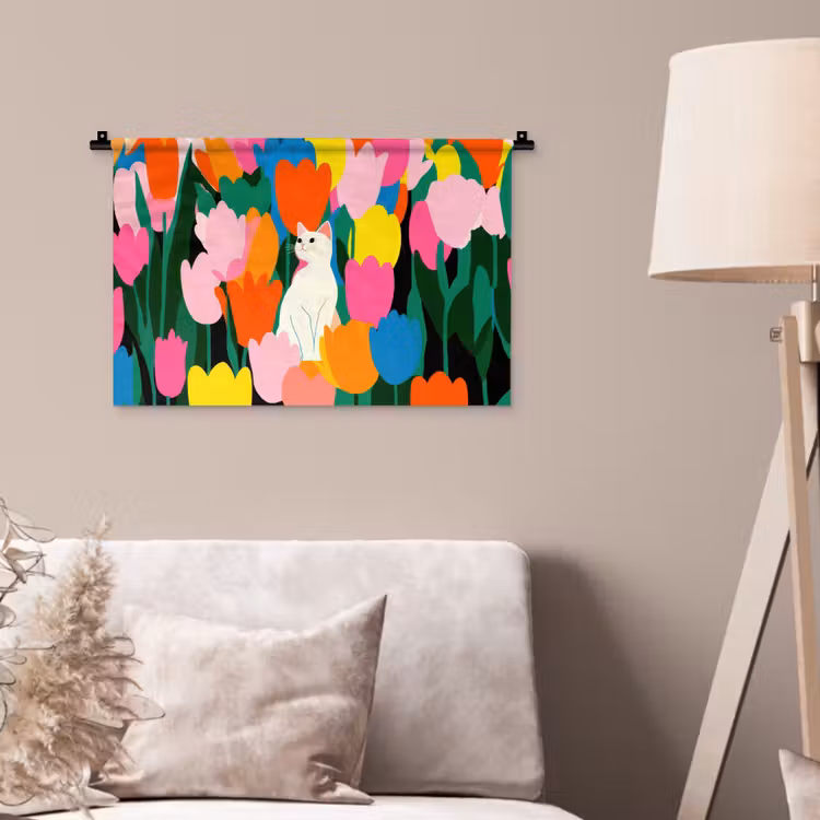 Tulpen - Kat - Kleurrijk Wandkleed katoen klein -sfeer4