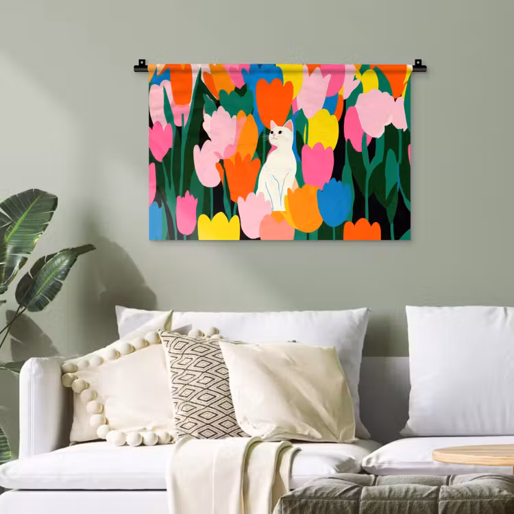 Tulpen - Kat - Kleurrijk Wandkleed katoen klein -sfeer7
