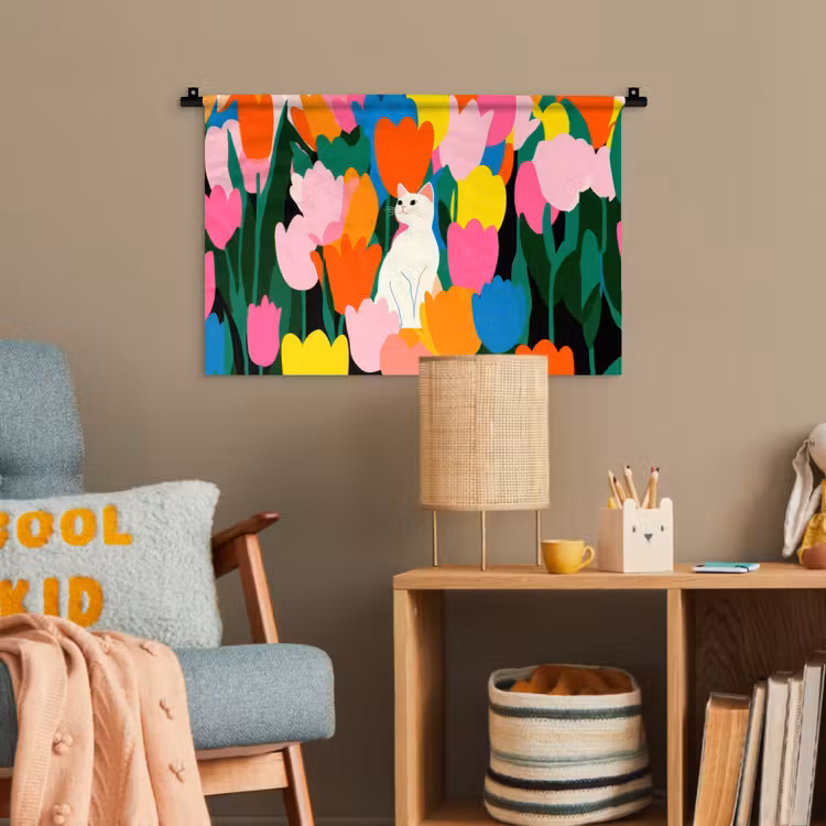 Tulpen - Kat - Kleurrijk Wandkleed katoen klein -wsfeer4_kind