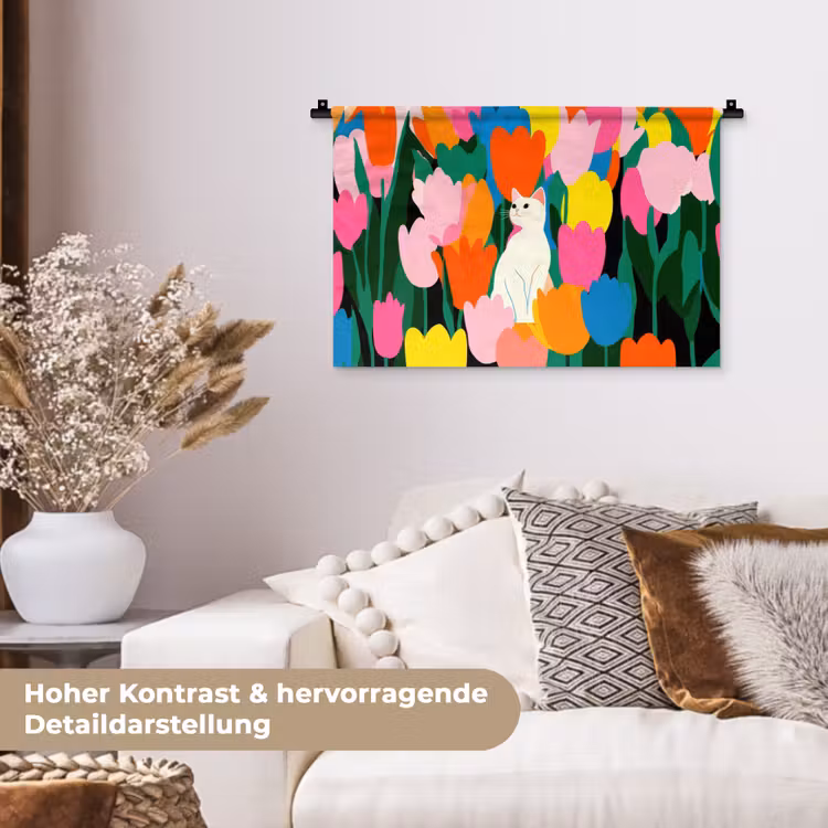 Tulpen - Kat - Kleurrijk Wandkleed katoen klein -tsfeer1_DE