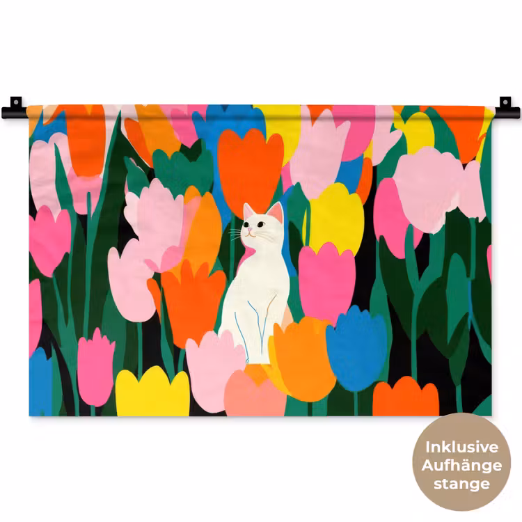 Tulpen - Kat - Kleurrijk Wandkleed katoen klein -t3d_DE