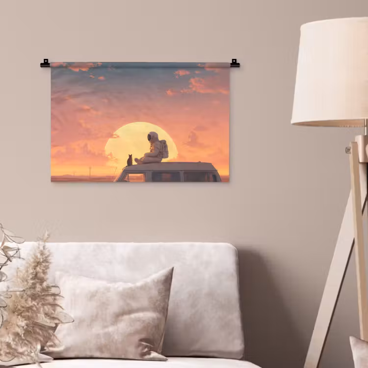 Busje - Kat - Zonsondergang - Oranje Wandkleed katoen klein -sfeer4