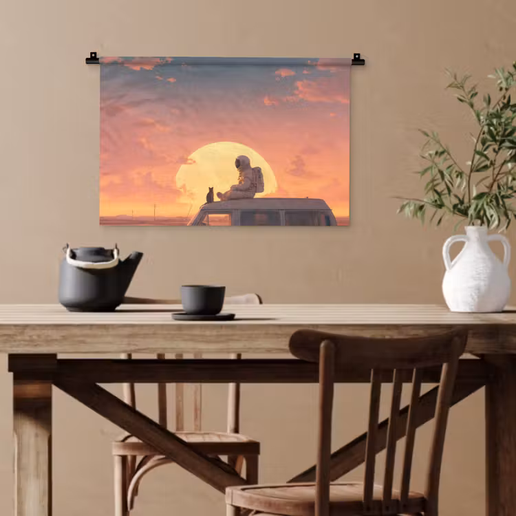 Busje - Kat - Zonsondergang - Oranje Wandkleed katoen klein -sfeer6