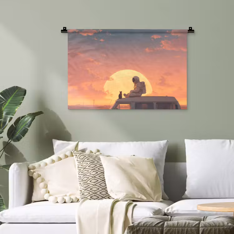 Busje - Kat - Zonsondergang - Oranje Wandkleed katoen klein -sfeer7