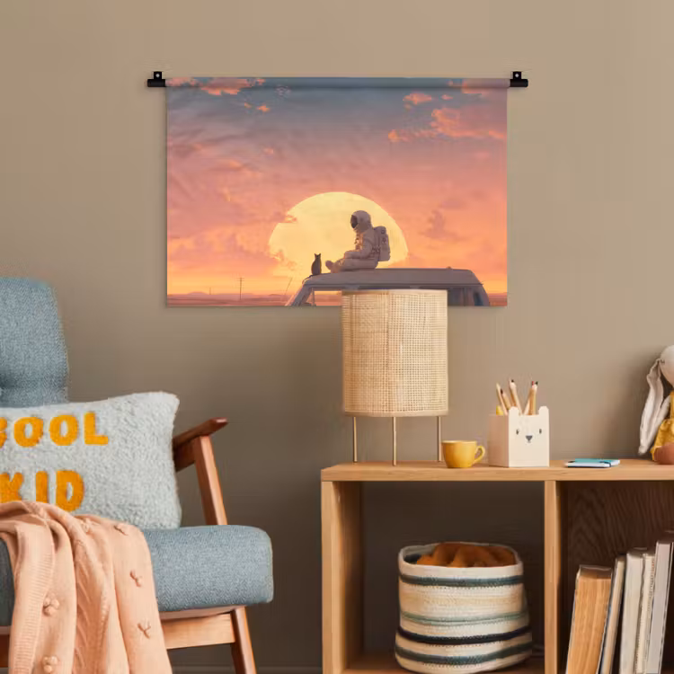 Busje - Kat - Zonsondergang - Oranje Wandkleed katoen klein -wsfeer4_kind