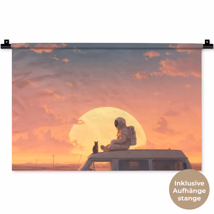 Busje - Kat - Zonsondergang - Oranje Wandkleed katoen klein -t3d_DE