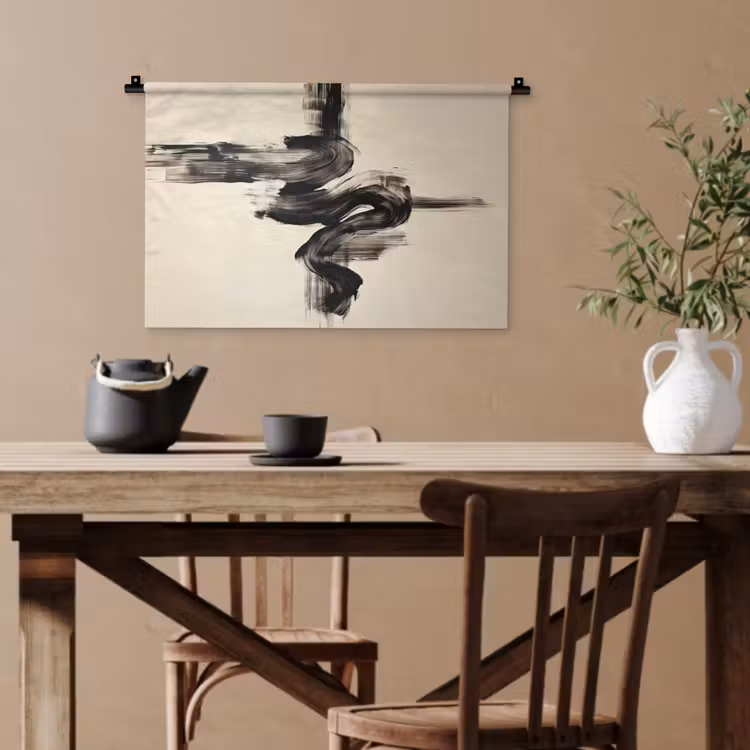 Golven - Penseelstreken - Beige - Minimalistisch Wandkleed katoen klein -sfeer6