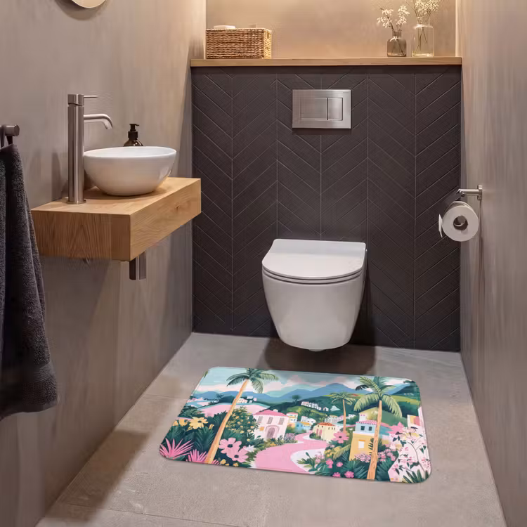 Kleurrijk - Huizen - Heuvels - Roze WCmat middel -sfeer2