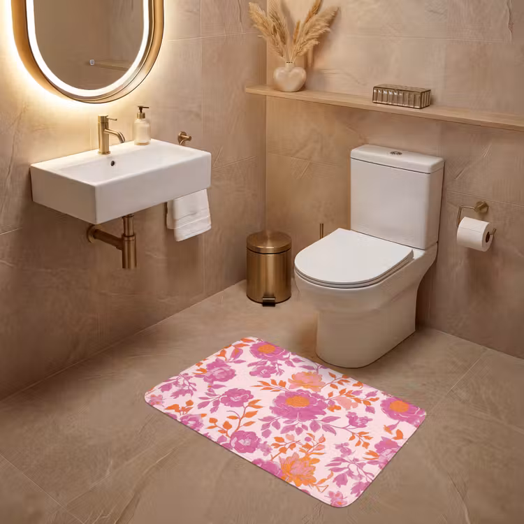 Bloemenpatroon - Roze - Oranje - Bloemen WCmat middel -sfeer3
