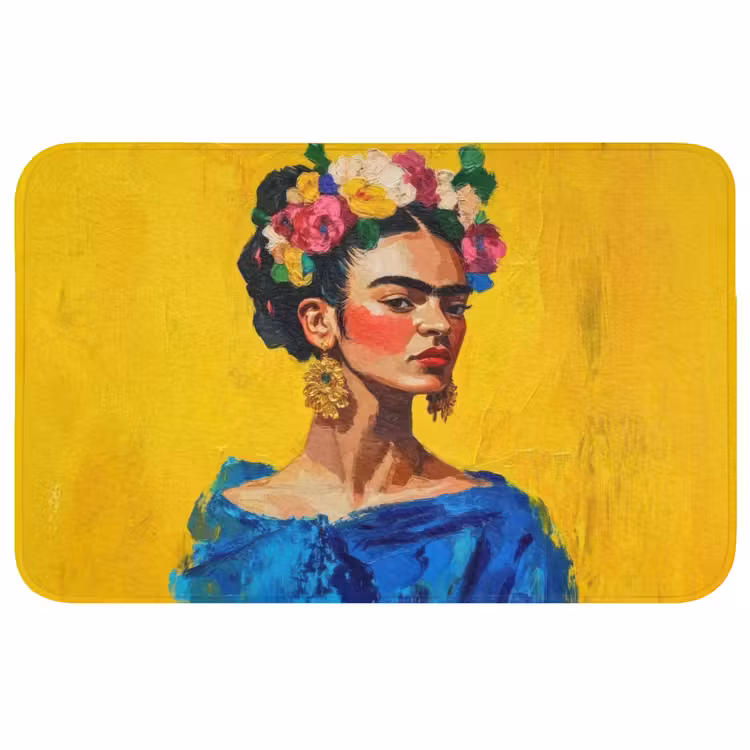 Frida Kahlo - Vrouw - Geel - Blauw - Bloemen WCmat middel -3d