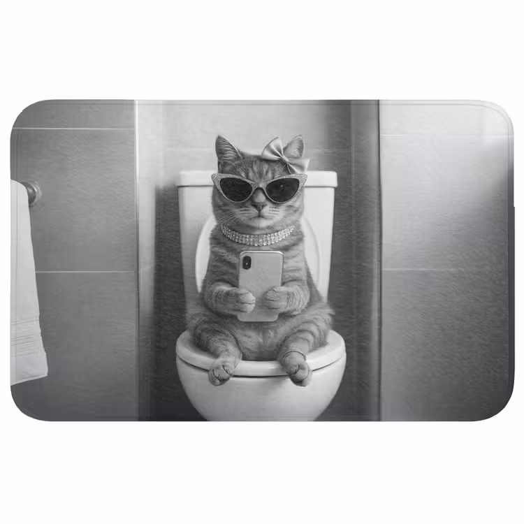 Kat - Telefoon - Toilet - Zwart - Wit WCmat middel -3d