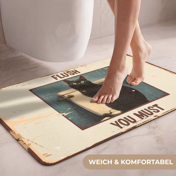 Kat - Vintage - Zwart - Quote - Flush you must WCmat middel -USP_ZachtDE