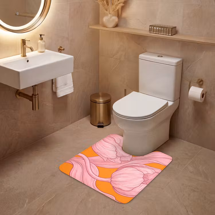 WC Vorleger - Rosa Blumen – Modern - Roze bloemen - Modern WCmat U-uitsnede middel