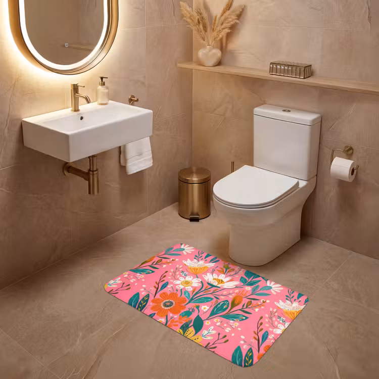Roze - Bloemen - Wit - Oranje WCmat middel -sfeer3